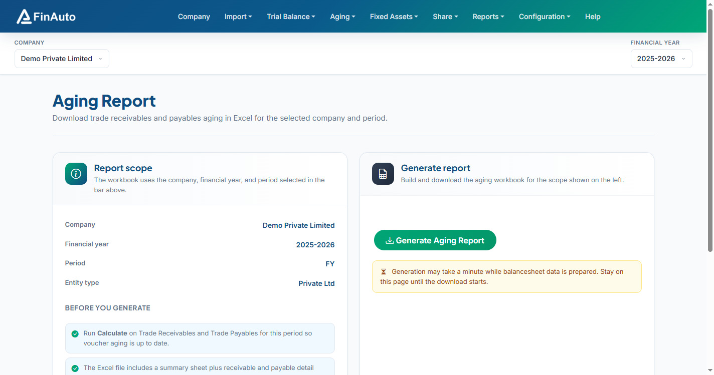FinAuto Client — aging report Excel export