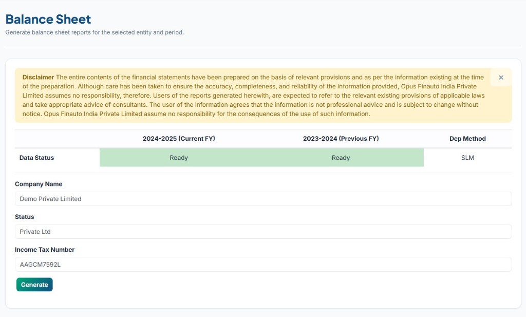 FinAuto — Balance Sheet generate screen with Ready status