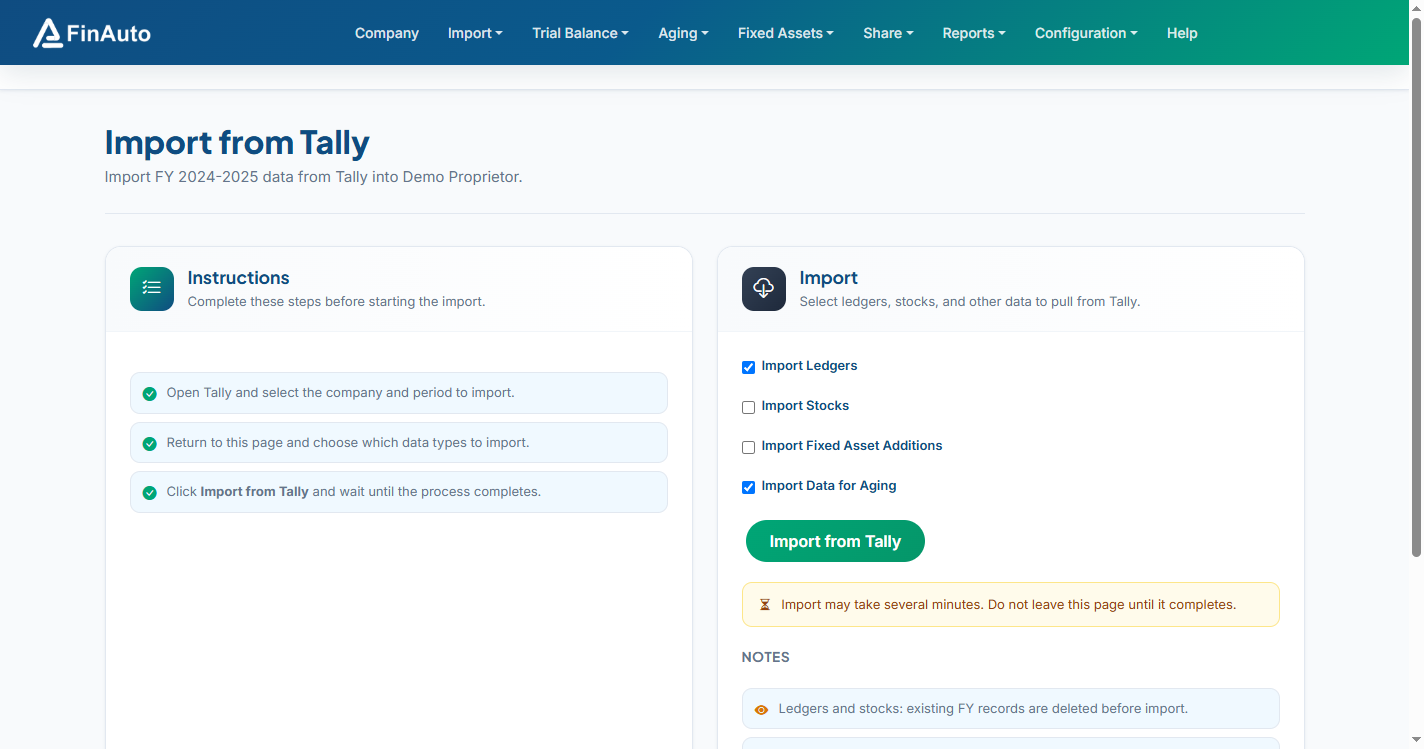 FinAuto Client — import trial balance from Tally