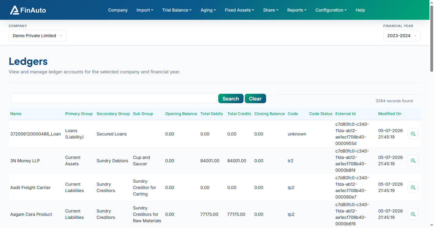 FinAuto Client — ledger code mapping screen