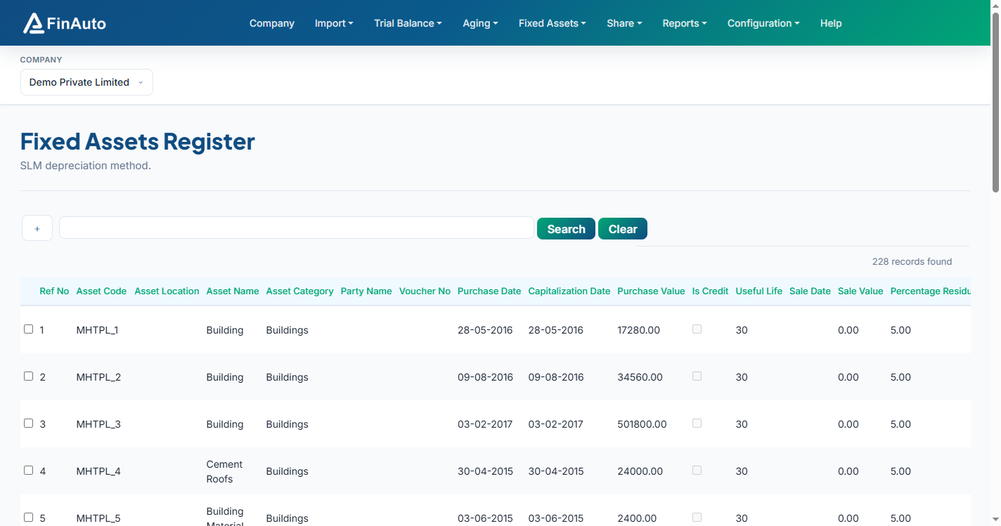 FinAuto Client — fixed assets register with depreciation